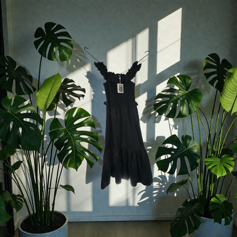 Caroline Constas Black Off the Shoulder Smocked Tiered Midi Dress. Women’s Large